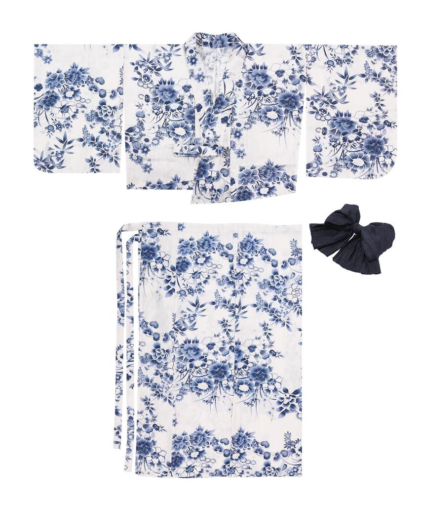 Yukata Unique Natural Set AB Flower Free [KYOETSU] Set, Weave, White, Two-Piece 3-Piece (Yukata, Obi, Geta), Women's (Ultramarine Garden, Size)