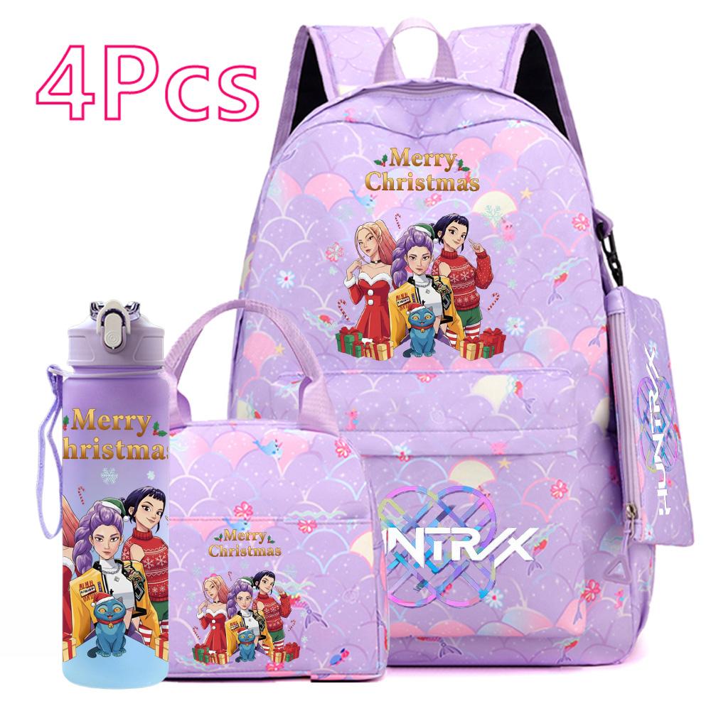 4Pcs/set Christmas KPOP Printed Backpack with Handbag Pencil Case 750Ml Water Bottler for Teenager Boy Girl Large Capacity Bookbag Schoolbag Kid Gift