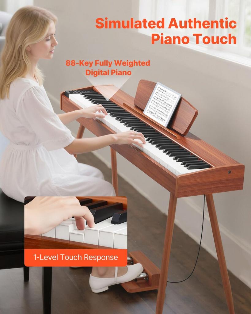 Weighted Digital Piano, 88 Keys Fully Weighted, Electric Piano Keyboard with Sheet Music Stand, Triple Pedal, Power Adapter, 280 Tones, Support