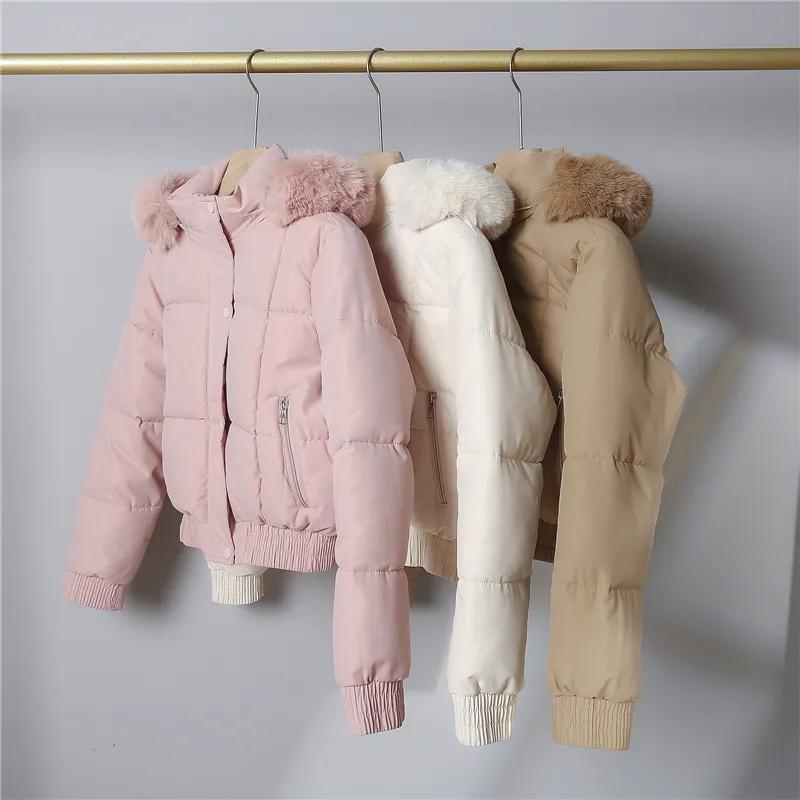 Women's Winter Short Parkas Clothes Add Velvet Thicken Outerwear Fur Collar Removable Hooded Coats Warm Jackets
