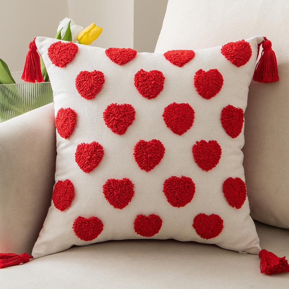 Valentine's Day Embroidered Heart-Shaped Pillow Cover Cojines Cute Tufted Tassel Throw Cushion Cover Headboard Pillowcases