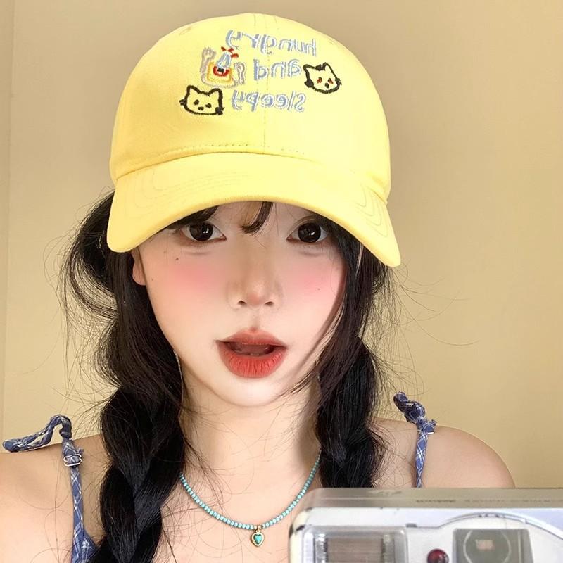 Cat Letter Embroidered Baseball Hat for Women In Spring and Summer Wide Hat Big Brim Big Face Showing Small Duckling Cap Big Head Sun Hat