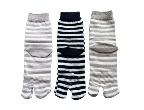 Tabi Socks with 3 Elastic Loose Cotton Outer Striped Set Women's Non-Slip Finish, Pairs, Cuffs, Fit, 100% Thread, Pattern, 3-Pair (Colors Available)