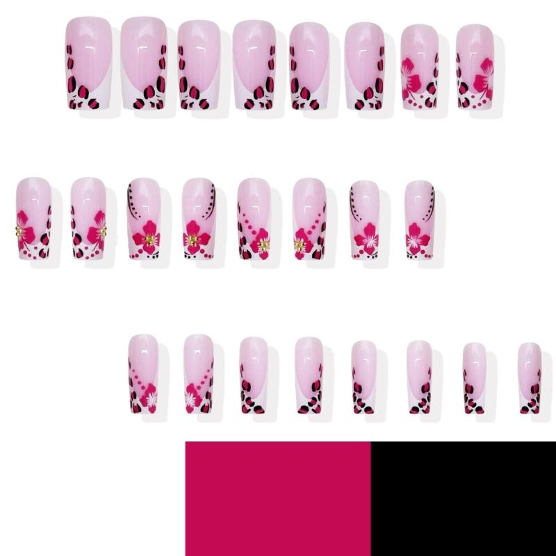 Square Press On Nail Flower Fake Nail Glues On Nail Artificial Acrylic Nail 24pcs Stick On Nail for Womens and Girls