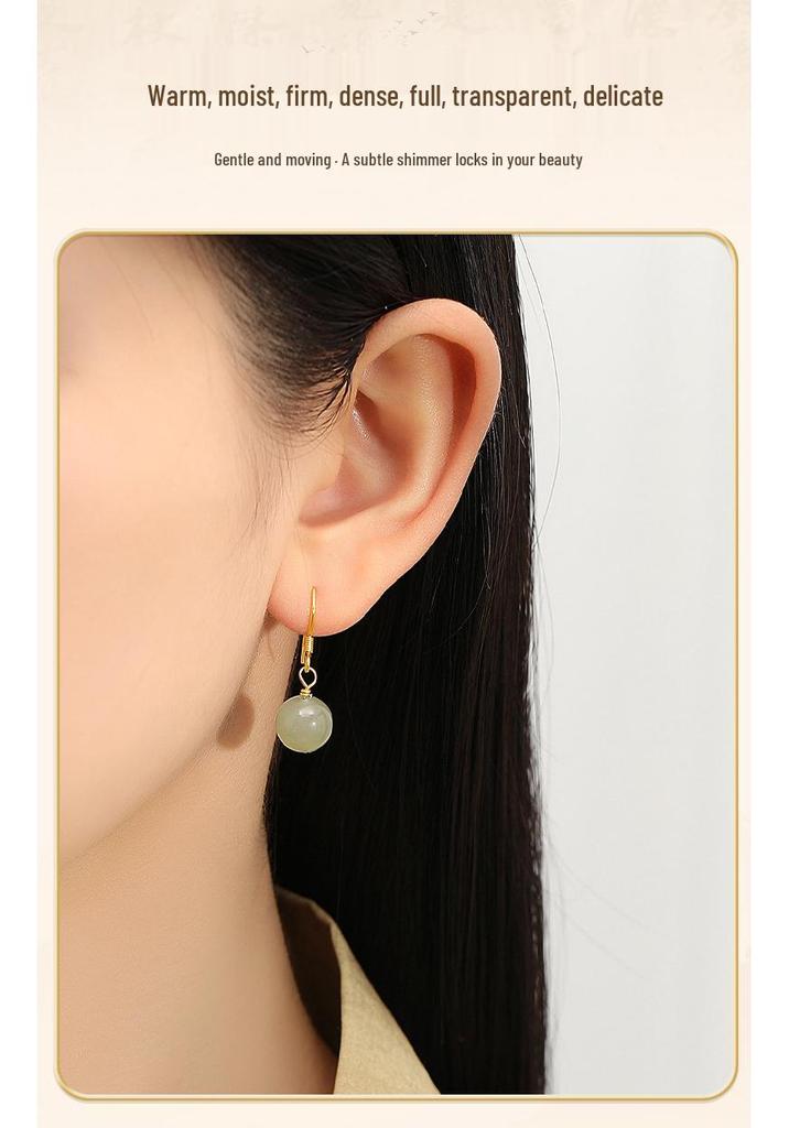 Tichiya Hetian Jade Round Bead Earrings for Women: S925 Sterling Silver, New Chinese Style, High-End Temperament Ear Hooks.