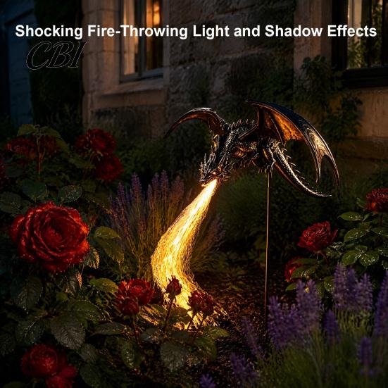 Outdoor Metal Dragon Ornaments Solar Garden Stake Light with Breathing Flame Fiber Optic Effects, Energy Efficient Stakes Waterproof Powered