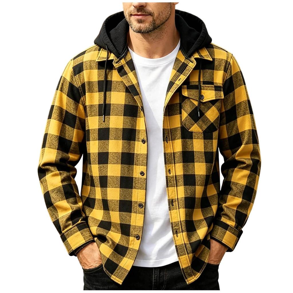 Men's Casual Long Sleeve Plaid Shirt Jacket with Hood and Pockets, Button Down Loose Fit