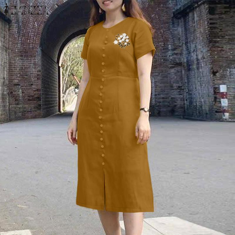 ZANZEA Women Casual Round Neck Short Sleeve Summer Embroidery Dress