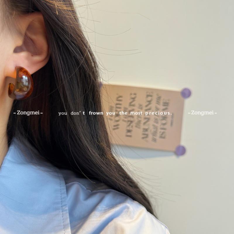Hong Kong Style Amber Hoop Earrings: 2026 New Retro Studs for Square and Round Faces - Perfect for Autumn and Winter