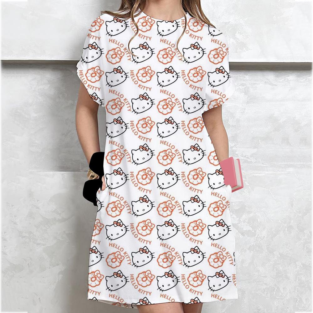 Vestido Camiseta Casual de Manga Corta para Mujer Estampado Vintage de Hello Kitty Vestido Mini Holgado Vestido Mini Elegante y Sencillo Ropa de Calle Vestido de Verano