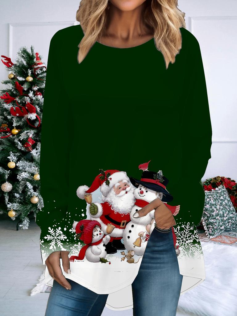 Plus Size Women Spring Christmas Printed Comfy Long Sleeve Round Collar T-shirt Casual Baggy Mid Length Tee Tops