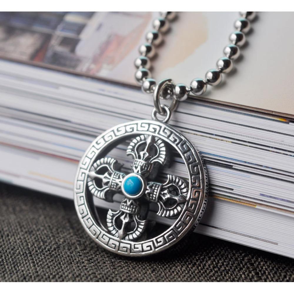 JMXD-Retro and Old Men's Necklace, Round Cross Vajra Pestle Pendant, Silver-plated No-gap Bead Design