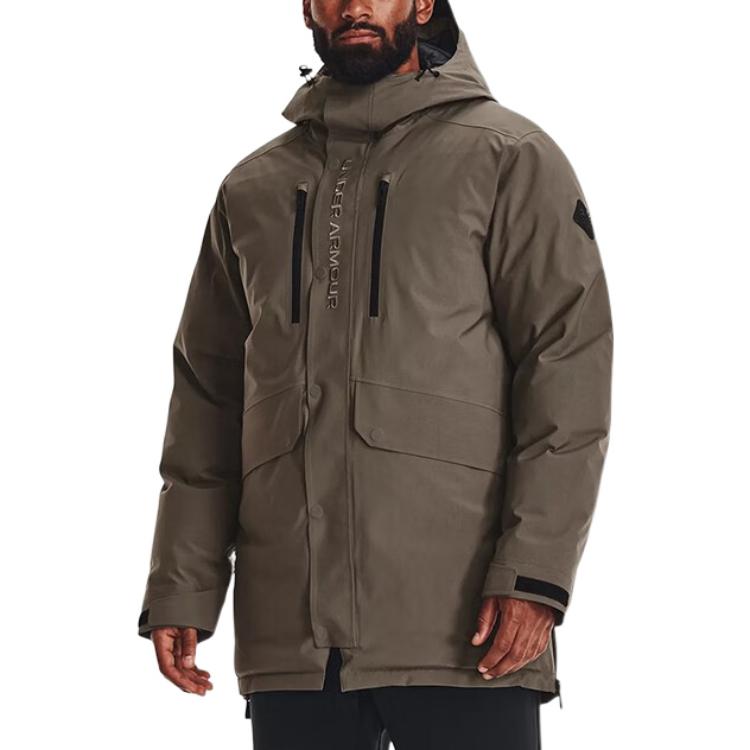 Under Armour Embroidered Letter Zip Hooded Down Jacket Men Outerwear Brown 1375450-366