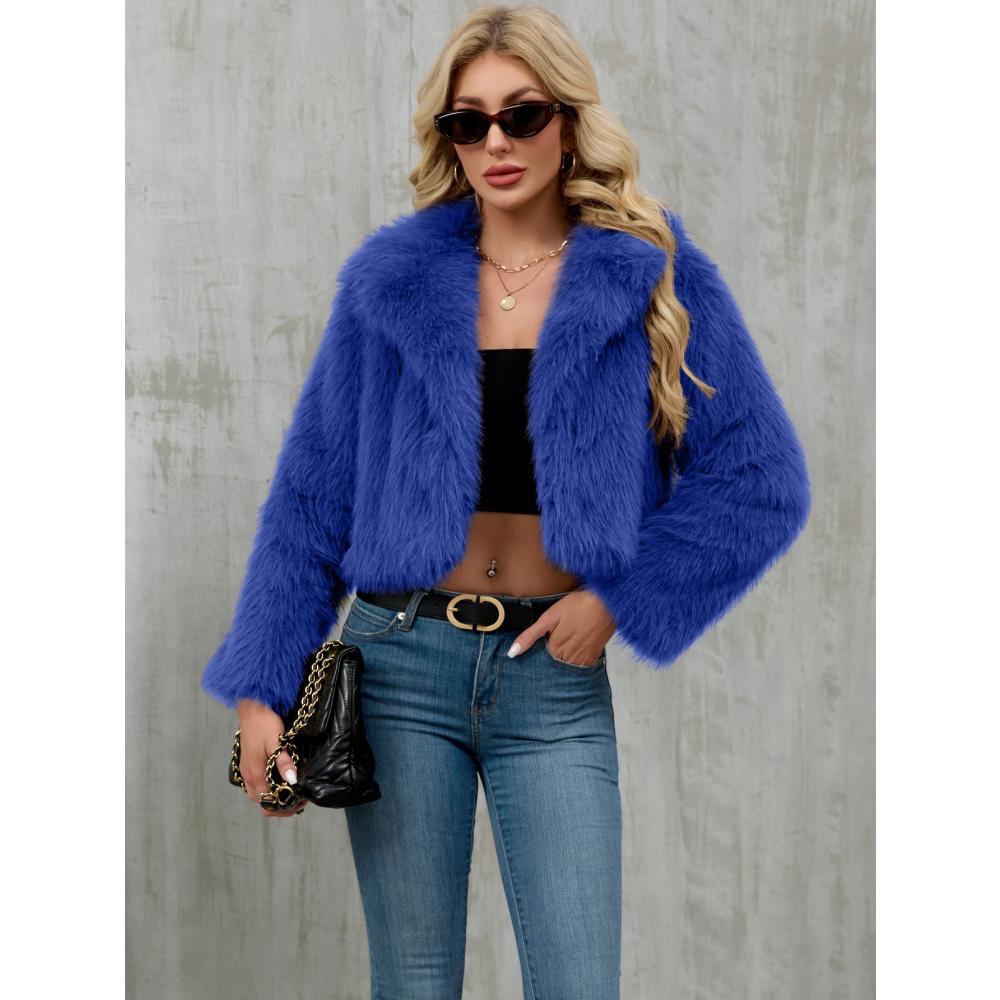 Giacca Corta da Donna Invernale in Ecopelliccia, Cappotto Corto con Scollo a Tacca e Texture Peluche, Capo d'Abbigliamento Casual Chic per Autunno Inverno