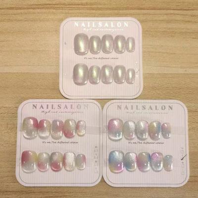 100% Handmade Short Round Shape Candy Colored Full Cat Eye Fake Nail With Glue Art Simple Pearl Smudged Magic Mirror Powder Colorful Nails Fake Nails
