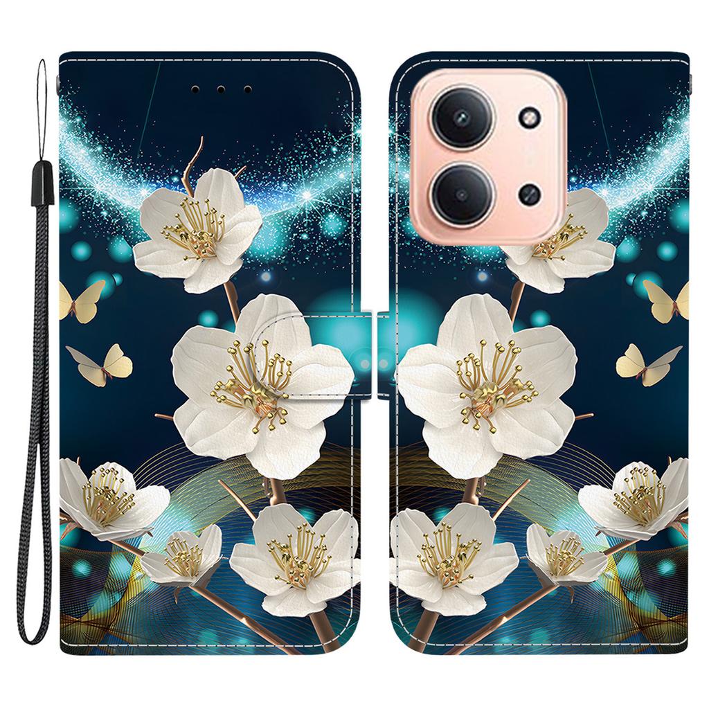 Pro Xiaomi Redmi 15C 5G (EU) (173 mm)/15C 4G (EU) (173 mm) Pouzdro Vzorový Potisk Kožená Peněženka Kryt na Telefon s Šňůrkou