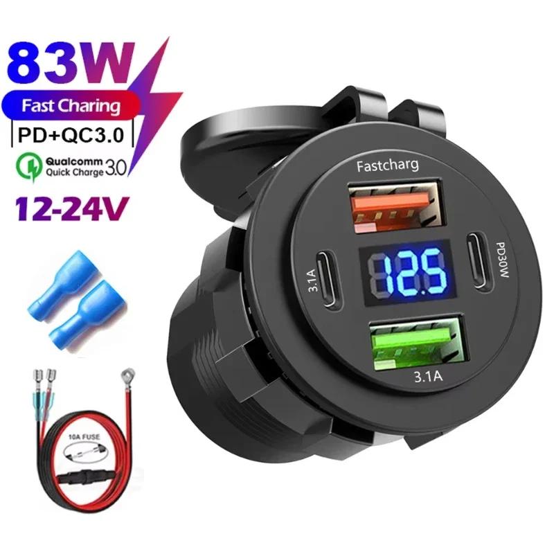 4-Ports Car Charger with LED Voltmeter PD Type C QC3.0 Fast Charging USB Power Outlet Adapter Waterproof 12V/24V for Car Boat