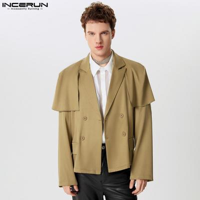 Men Lapel Collar Ruffled Long Sleeve Solid Blazer Casual Button Suit Coats