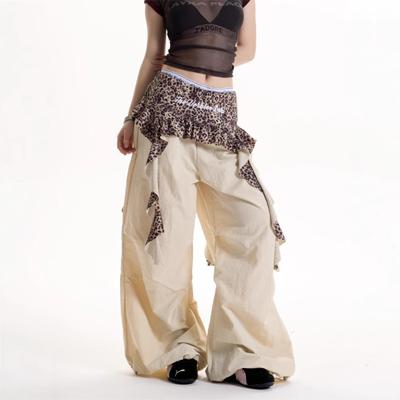 Vintage Leopard Patchwork Pleated Paratrooper Pants Jazz Dance Pants Stacked Fake Two Pants