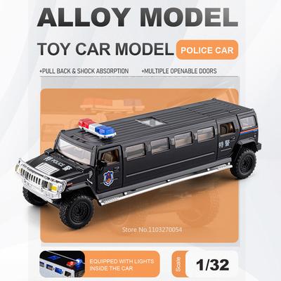 1:32 Extended Version Police Car Toys Diecast Alloy Model Shock Absorption Sound Light Pull Back Doors Opened Vehices Collection