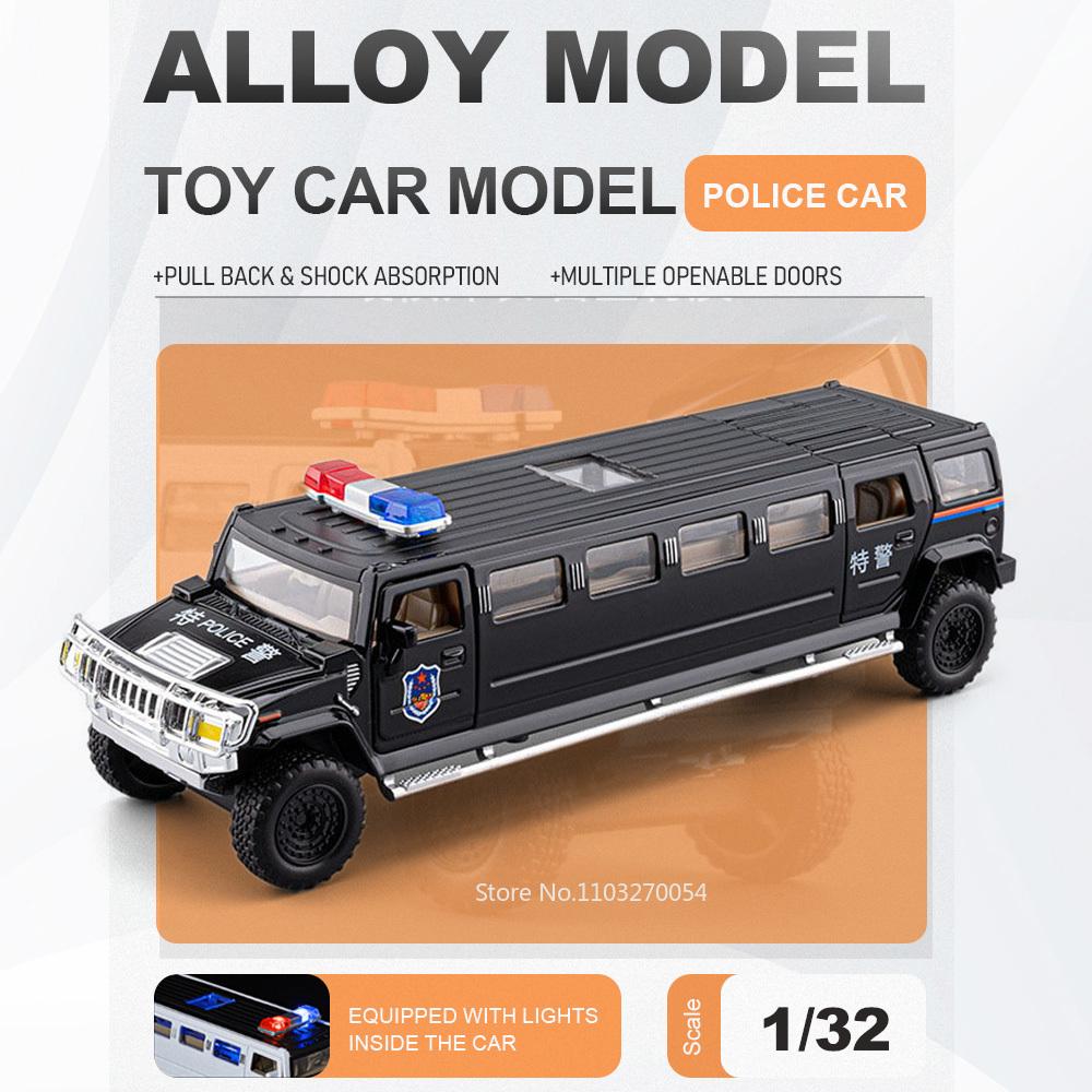1:32 Extended Version Police Car Toys Diecast Alloy Model Shock Absorption Sound Light Pull Back Doors Opened Vehices Collection