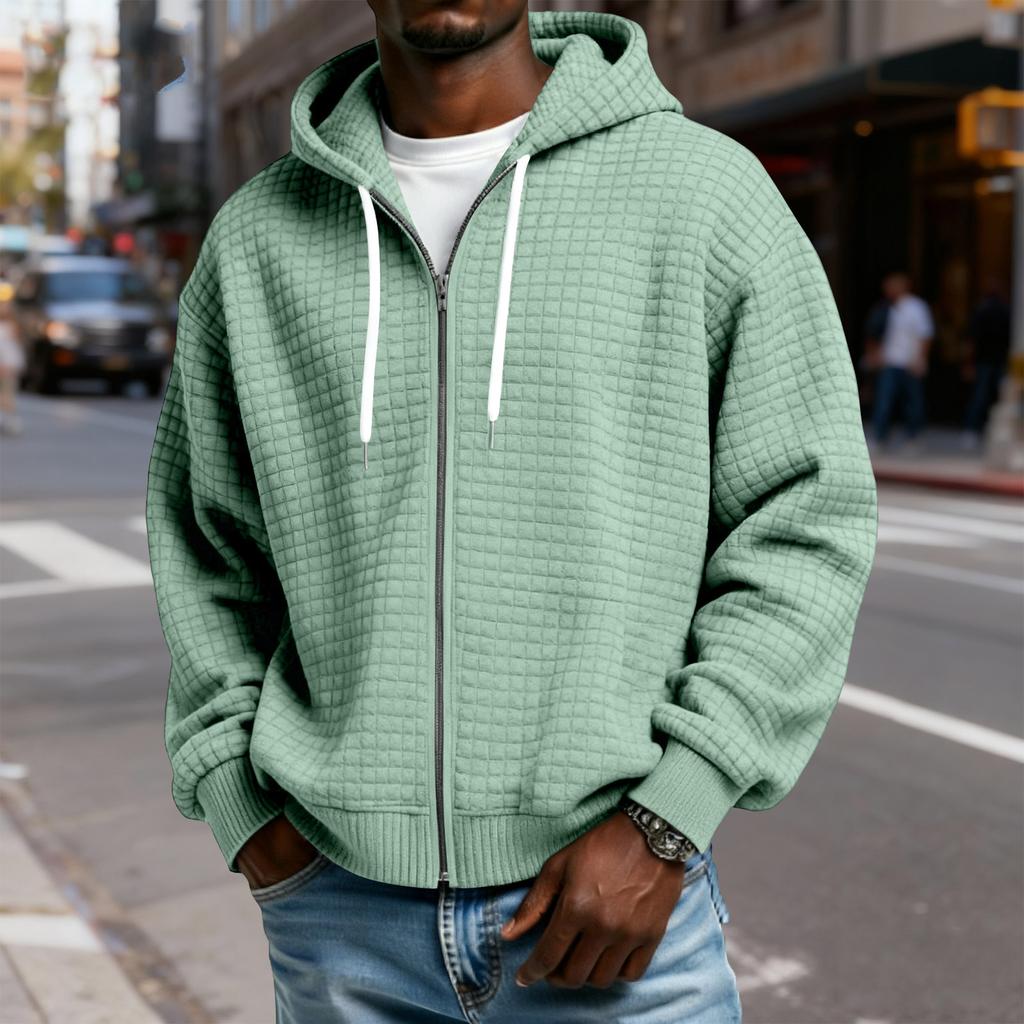 Men's Zip-Up Hooded Plaid Jacket- Drawstring Casual Sports Sweatshirt