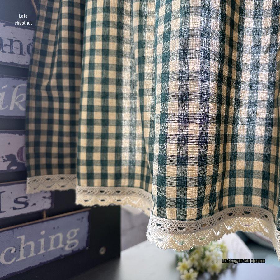 Dark Green Plaid Cotton-Linen Retro Half-Length Curtain for Windows or Cabinets
