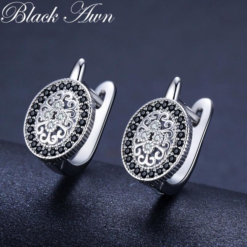 Černá Awn Classic 925 Sterling Silver Kulaté Černé Trendy Spinel zásnubní kruhové náušnice pro ženy Jemné šperky Bijoux I149