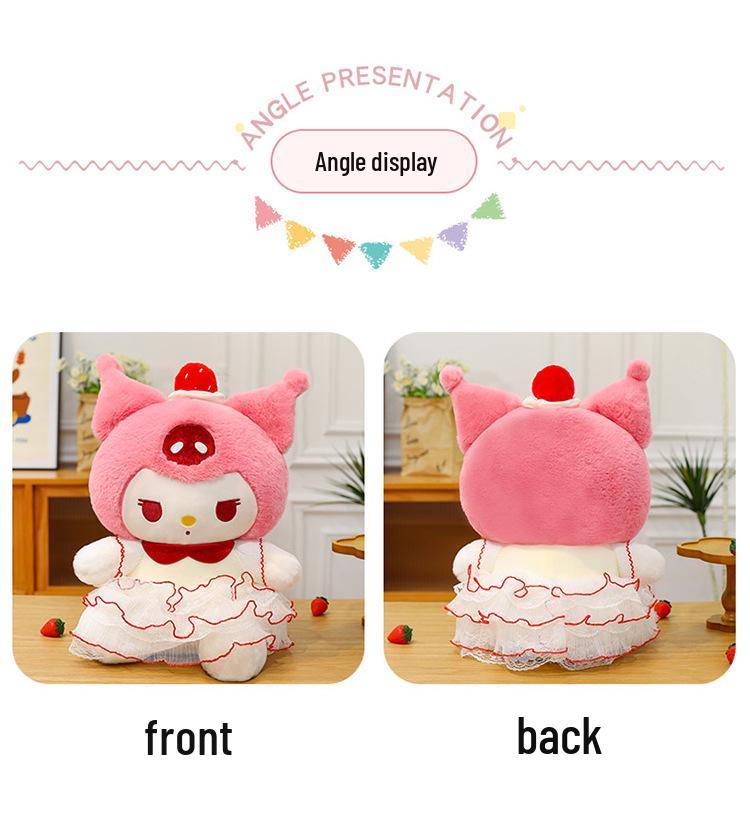 Kuromi Strawberry Cake Cat Doll with Birthday Hat Plush Toy