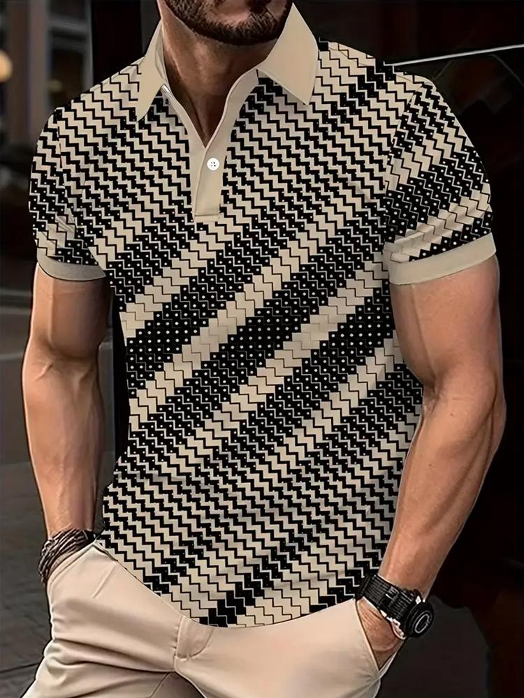 

Мужская черно-белая рубашка с геометрическим принтом, с бежевым контрастным воротником, легкий летний топ с коротким рукавом в стиле кэжуал 3XL дубильная кора
