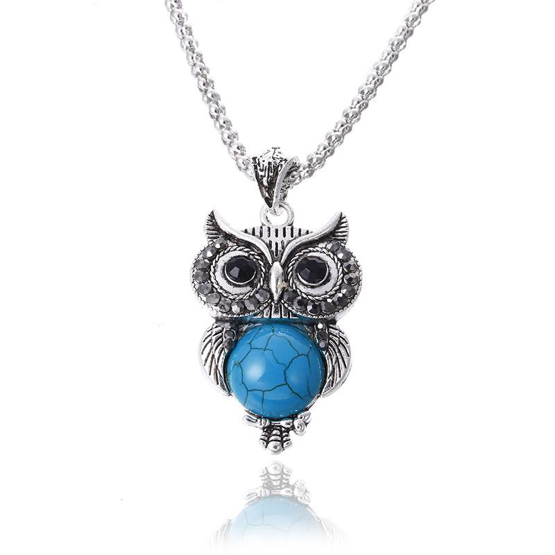 Metal Owl Turquoise Jewelry Set: Necklace, Earrings, and Bracelet - European & American Fashion