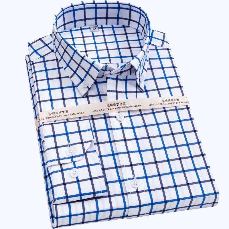 Ant-Wrinkle Non-Iron 100% Cotton Business Men Formal Shirts Plaid Striped Long Sleeve High Quality oFFICE
