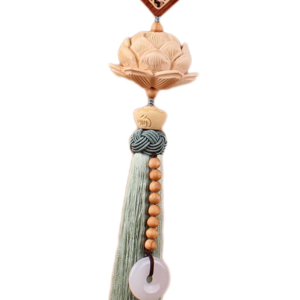 Lotus Car Rearview Mirror Charm Pendant Chinese Feng Shui Decor Wood Carving Tassel Car Hanging Decoration Dangling Ornament