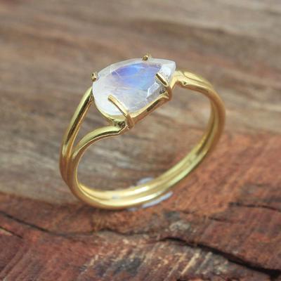 Anello fatto a mano in Pietra di Luna Arcobaleno Naturale Argento Sterling 925 Placcato Oro Giallo Anello Pietra di Nascita