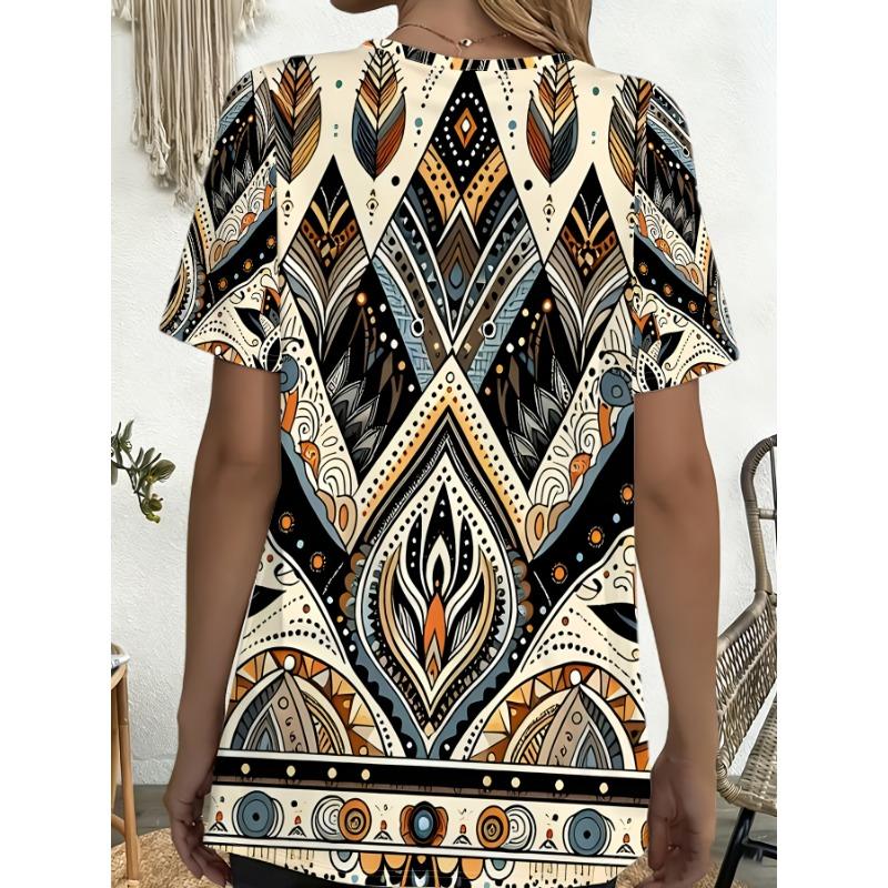 Women'S Summer Retro Ethnic Style Geometric Leaf Totem All-Over Print Pocket Round Neck Short Sleeve T-Shirt Top