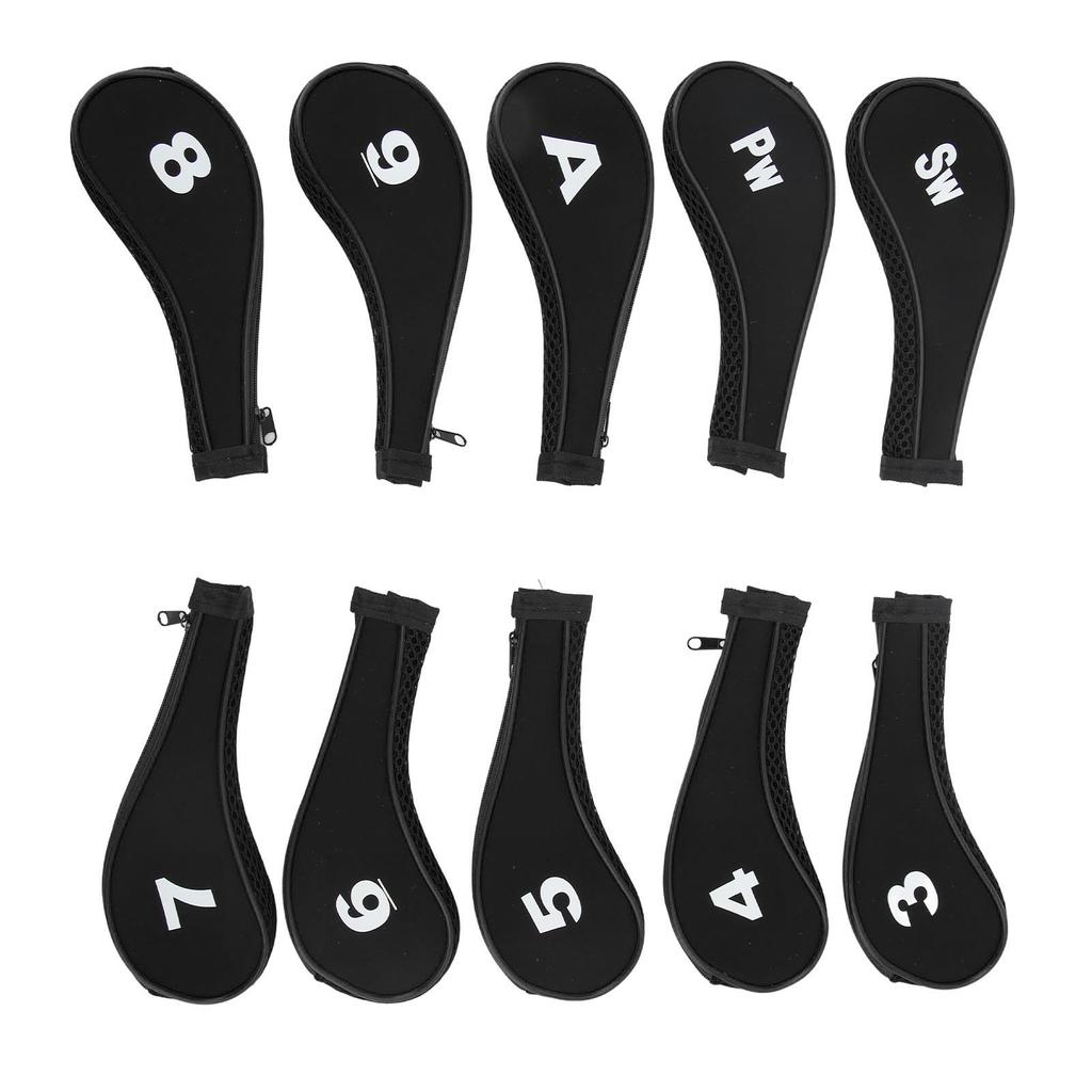 10 PCS Golf Club Head Covers Golf Iron Pole Zipper Hat Cover Club Protective Covers Black