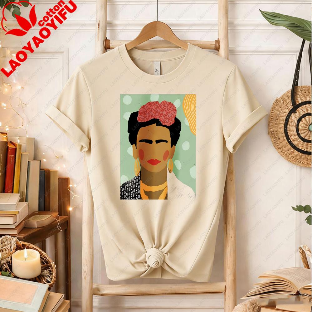 Frida Kahlo Inspired TShirt Minimalist Cotton Tee for Art Lovers Bold Creative Portrait Design Fashion Printed Tshirt Tops