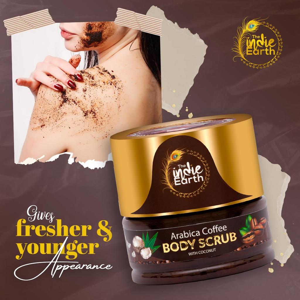 The Indie Earth Arabica Coffee Body Scrub With Coconut & Shea Butter - For Brighter Skin Tone - Globally Trusted Premium Natural Body Scrub | For S