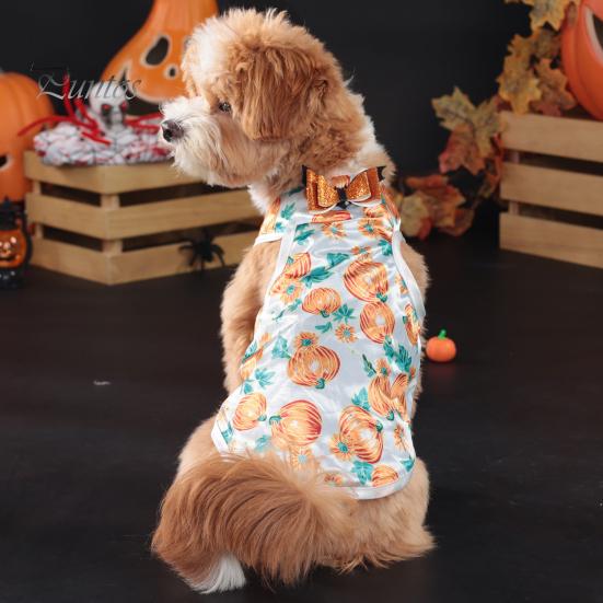Dog T-shirt Halloween Pet Costume, Pumpkin Print Vest for Small Dogs Cats, Glitter Bow Festive Costume Tie Puppy Outfit, Cute Clothes Party