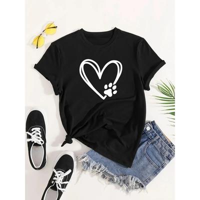 Heart & Dog Footprint Print Short Sleeve T-shirt, Women's Slight Stretch Round Neck Casual Tee