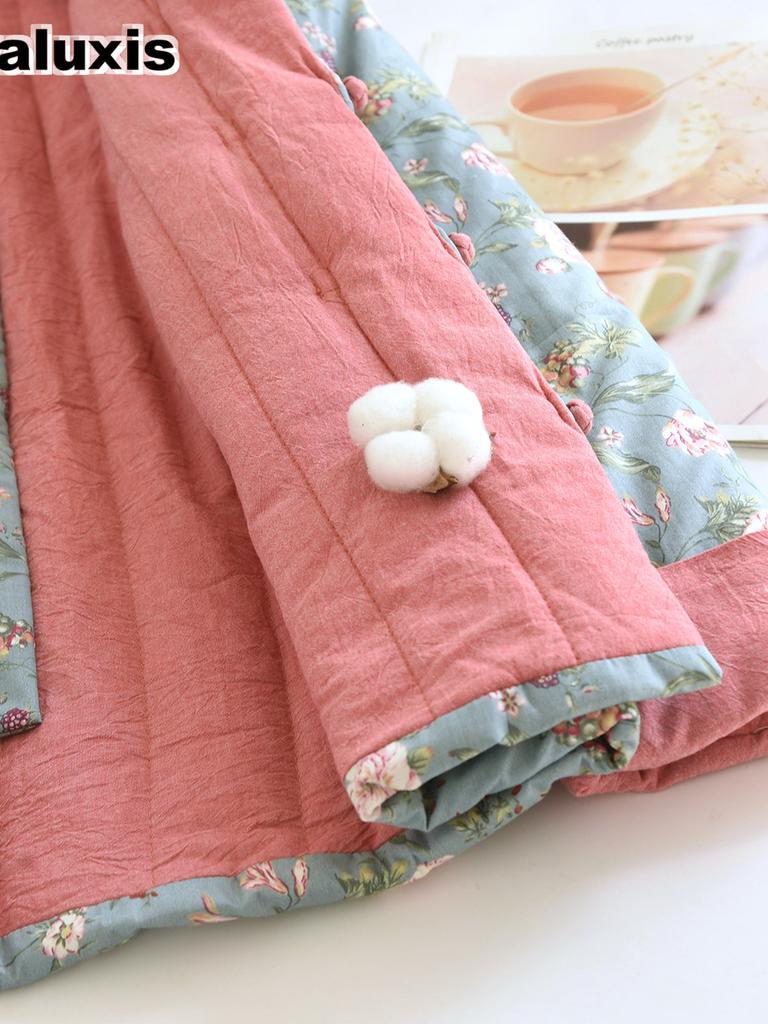 Handmade Pure Cotton Floral Winter Women's Chinese Style Embroidered Loose Flower Retro Traditional Collar Warm Coat