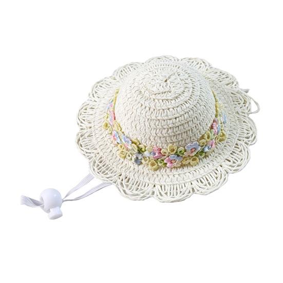 Yousheng Pet Straw Hat, Embroidered Floral Summer Cat Hat, Woven Scalloped Edge Pet Sun Hat with Adjustable Strap for Cats And Small Dogs
