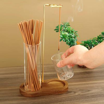 Incense Stick Holder with Transparent Glass Ash Catcher Wooden Base Incense Burner with Clip Home