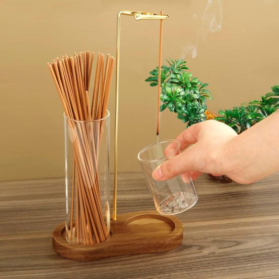 Incense Stick Holder with Transparent Glass Ash Catcher Wooden Base Incense Burner with Clip Home Office Desktop Yoga Meditation Decoration