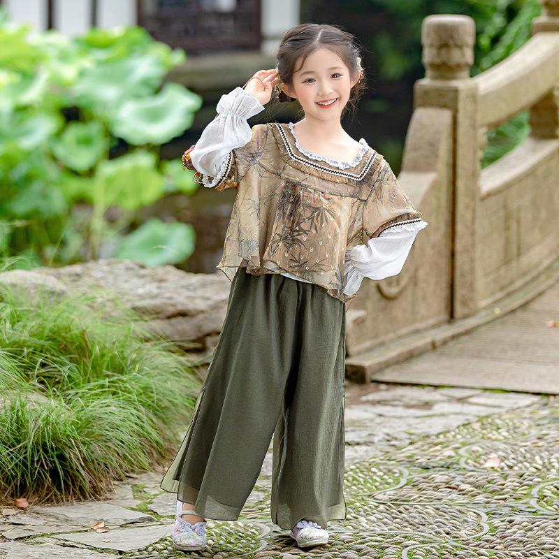 Kids' Traditional Bamboo Leaf Tang Suit Set - Long Sleeve Hanfu for Spring & Autumn 2025