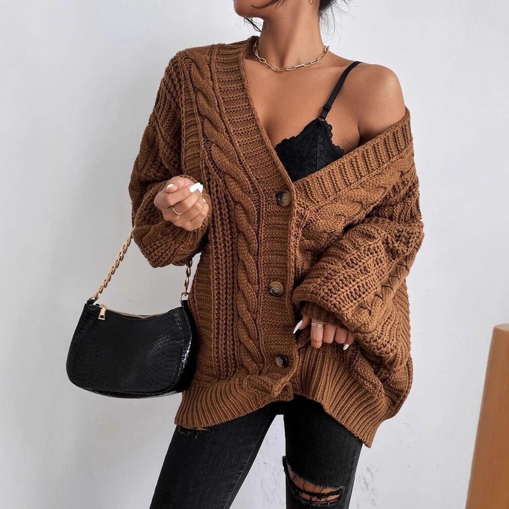 Cross-border V-neck Sweater Women's Loose Casual Lazy Wind Coarse Needle Jacket, New Twist Medium and Long Cardigan In Autumn and Winter