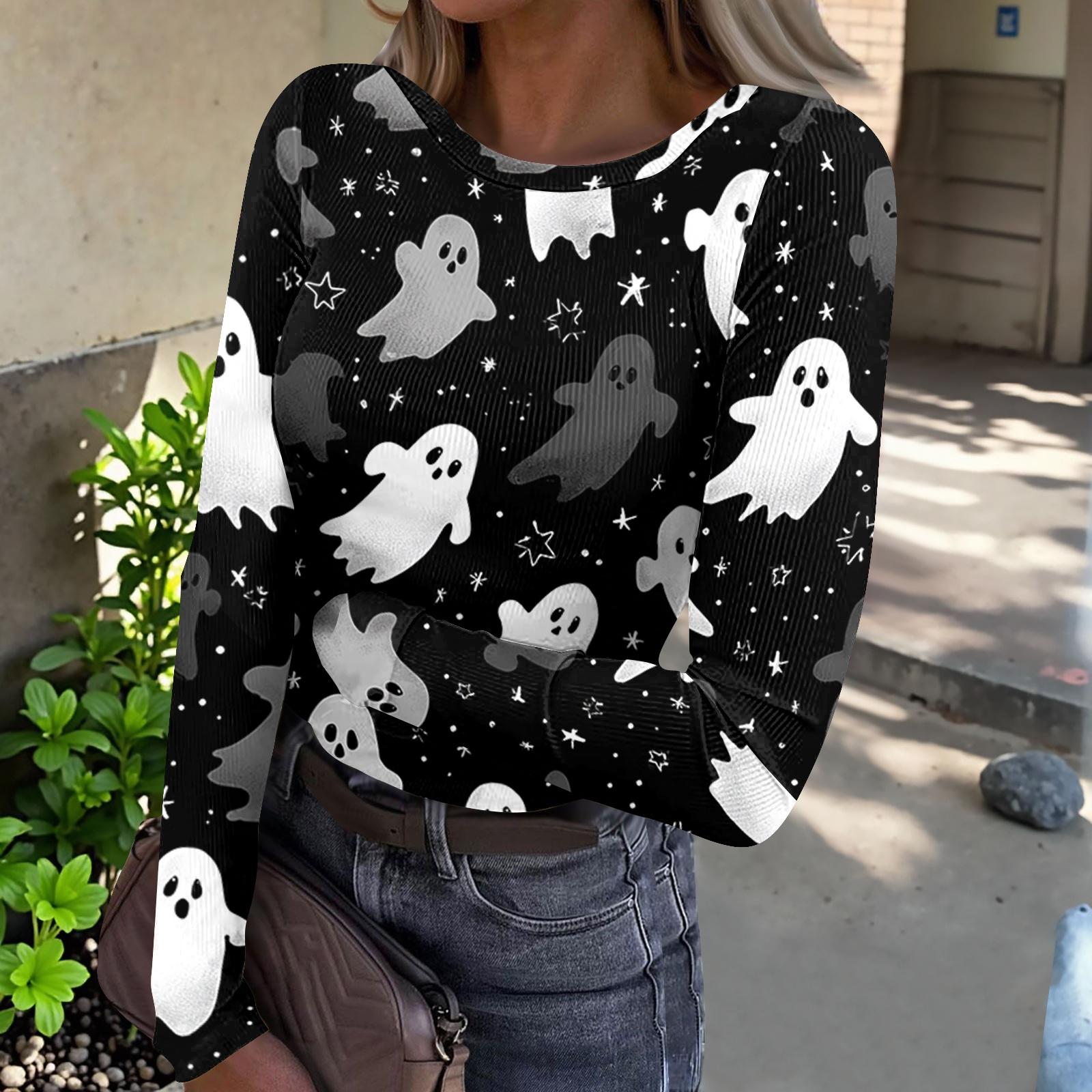 Women s Casual Round Neck Long Sleeve Ribbed Halloween Print Top S