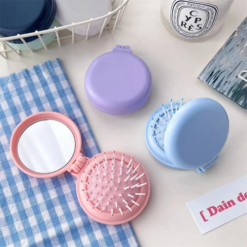 Solid Color Folding Comb with Makeup Mirror Traveling Portable Small Massage Comb Women Girl Air Cushion Hair Brush Styling Tool