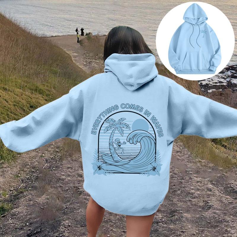 Women's Palm Tree Graphic Hoodies Meet Me At The Ocean Letter Print Pullover Hoodies Long Sleeved Female Streetwear Hoodie