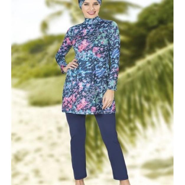 2-piece Muslim Women's Modest Tropical Rainforest Print Seaside Swimwear Full Coverage Swimsuit Set Beachwear Burkini Swimsuit Set (Without